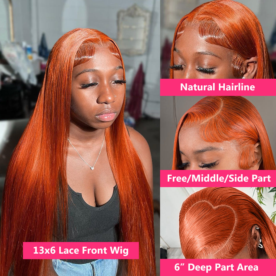 Super Sale 13x4/13x6 Lace Front Human Hair Wigs Reddish Ginger Brown Straight #33